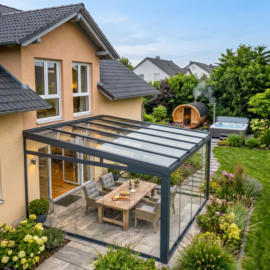 Glas-Anbau mit Schiebeelementen